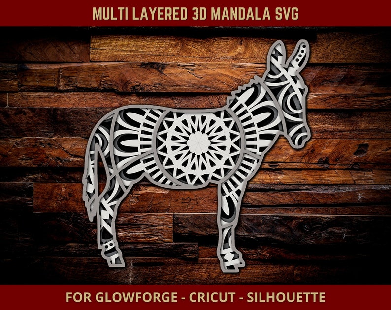 Donkey SVG Mandala Svg Cut File for Glowforge Laser Cut Silhouette Cricut Cutting Machine 3D Mandala Zentangle Digital Download Donkey Svg