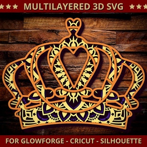 3D Crown SVG Mandala Svg Cut File for Glowforge Laser Cut Silhouette Cricut Cutting Machine King Queen Prince Princess Crown 3D Mandala Svg