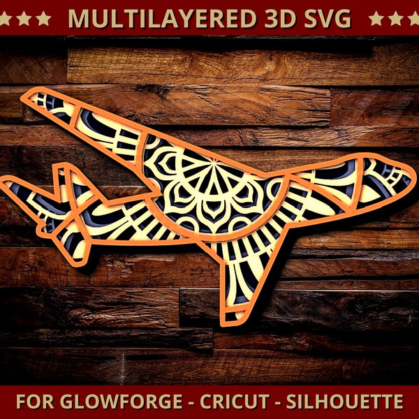 Airplane Mandala Svg Airplane Layered Svg for Glowforge Laser Cut Silhouette Cricut 3D Mandala Flying Aero Plane Zentangle Cuttable Design