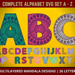 Mandala Alphabet SVG Full A to Z Multilayer file Bundle for Glowforge Laser Cut Cricut Silhouette Cutting Machine Initial Name Cuttable Font