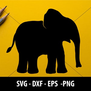 May include: A black silhouette of an elephant on a yellow background. The elephant is facing the right side of the image. The elephant's trunk is curled up.