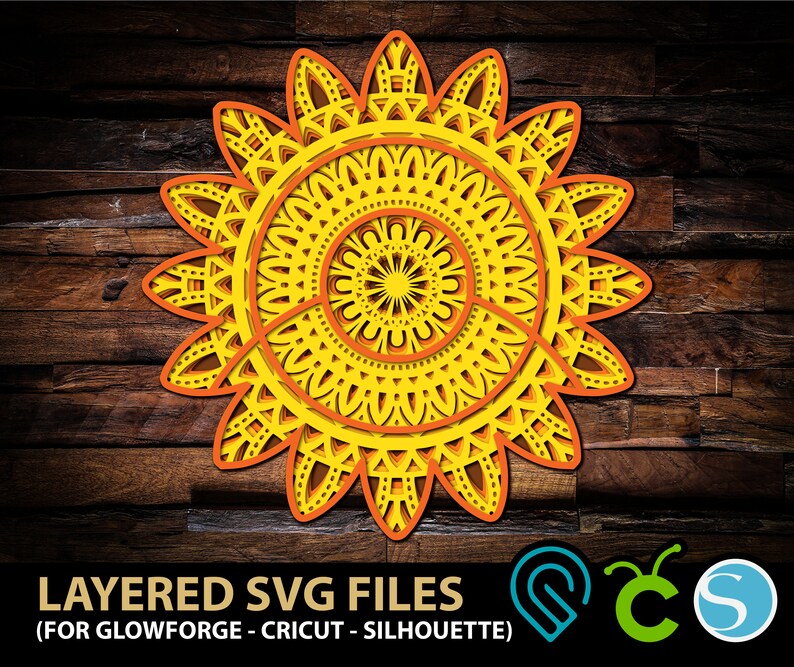 Download Cricut Cutting Machine Multi Layered Mandala Svg Flower Zentangle Svg 3d Mandala Sunflower Svg File For Glowforge Laser Cut Silhouette Confetti Party Decor