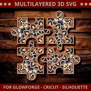 Layered 3D Autism SVG Mandala Svg Cut File for Glowforge Laser Cut Silhouette Cricut Cutting Machine 3D Puzzle Mandala Zentangle 4 Leyers