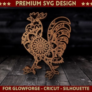 May include: A laser cut wooden rooster design with intricate mandala patterns. The rooster is standing with its wings spread out and its tail feathers fanned out. This design is perfect for crafting projects and home decor.