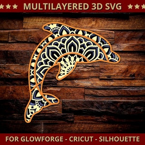 3D Delphin SVG Mandala SVG schneiden Datei für Glowforge Laser Cut Silhouette Cricut Schneidemaschine 3D Mandala Zentangle Multi Layer 4 Layered SVG