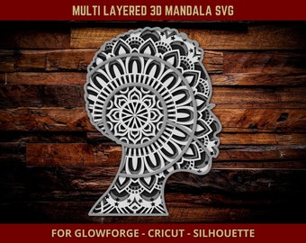 Melanin Afro Woman SVG 3D Mandala Cut File for Glowforge Laser Cut Silhouette Cricut Cutting Machine Afro Black Girl Zentangle 4 Layers Svg