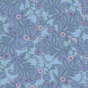 Könnte beinhalten: Ein nahtloses Muster mit einem blauen und violetten Paisley-Design mit rosa Blumen auf hellblauem Hintergrund.