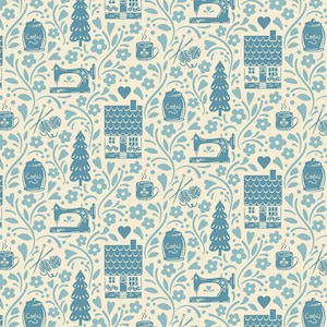 May include: A repeating pattern featuring blue silhouettes on a cream background. The design includes houses, sewing machines, Christmas trees, hearts, mugs, yarn, and cookie jars. The overall theme suggests a cozy, handmade, and home-focused aesthetic.