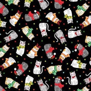 May include: A black background with a repeating pattern of cats wearing festive hats and scarves. The cats are in various poses and colors, including red, green, blue, and white. The background is dotted with small stars.