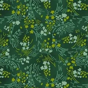May include: A seamless pattern featuring a repeating design of green, white, and yellow floral motifs on a dark green background.