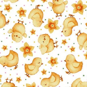 Könnte beinhalten: Ein nahtloses Muster mit gelben Küken und gelben Narzissen auf weißem Hintergrund. Das Muster ist perfekt für Frühlingsbastelarbeiten und -projekte.