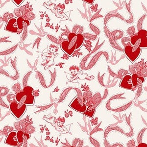 May include: A white background with a repeating pattern of red hearts, pink ribbons, and cherubs with bows and arrows. The cherubs are in various poses, some flying, some standing, and some shooting arrows.