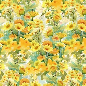 Könnte beinhalten: Ein Aquarelldruck mit einem Feld voller gelber Blumen mit grünen Blättern und Stielen. Die Blumen sind in einem zufälligen Muster angeordnet und der Hintergrund ist hellgelb.