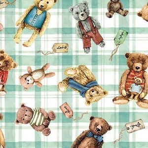 May include: A green and white checkered background with various teddy bears in different poses and colors. Some bears are wearing clothes, while others are holding small teddy bears. The bears are surrounded by small tags with text.
