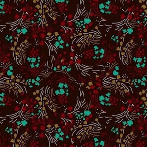 Könnte beinhalten: Ein nahtloses Muster mit dunkelbraunem Hintergrund, das ein sich wiederholendes Design aus stilisierten Blumen in Rot-, Türkis- und Goldtönen zeigt.