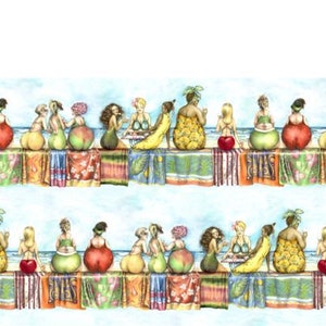 Peut inclure: Une illustration colorée d'un groupe de femmes assises sur des fruits, portant des maillots de bain et profitant d'une journée à la plage. Les femmes sont assises sur une variété de fruits, notamment des pastèques, des ananas et des pommes. L'arrière-plan est un ciel bleu avec des nuages blancs.