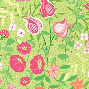 Puede incluir: Un fondo verde con un patrón de lunares está cubierto de una variedad de flores rosas, naranjas y blancas. Las flores son estilizadas y tienen un aspecto caprichoso.