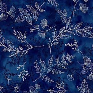 Peut inclure: Un motif sans couture représentant des feuilles et des branches stylisées blanches sur un fond bleu foncé.
