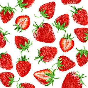 May include: A seamless pattern of red strawberries with green leaves on a white background.
