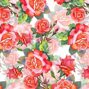 May include: A watercolour pattern featuring red and pink roses with green leaves on a white background.