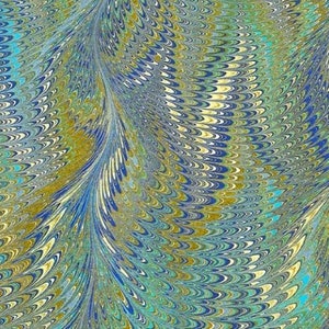 May include: Abstract marbled fabric with a swirling pattern in shades of blue, green, and gold.