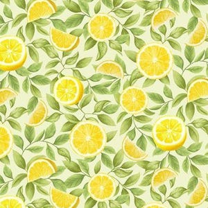 May include: A seamless pattern featuring yellow lemons and green leaves on a light green background. The lemons are in various stages of ripeness, some whole and some sliced.