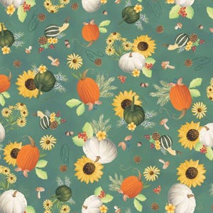 Könnte beinhalten: Ein sich wiederholendes Muster von Herbstmotiven auf einem teal-farbenen Hintergrund. Das Design zeigt orange und weiße Kürbisse, Sonnenblumen, Kürbisse sowie kleine Blumen- und Blätterakzente. Das Gesamtthema ist die Herbsternte.