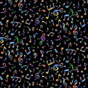 以下が含まれることがあります： 黒い背景に、ト音記号、8分音符、シャープなど、カラフルな音符のパターンが描かれています。音符は青、緑、黄色、紫など様々な色で彩られ、活気あふれる音楽的なデザインとなっています。