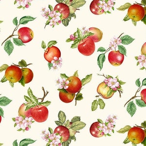 Peut inclure: Un motif sans couture représentant des pommes rouges avec des feuilles vertes et des fleurs roses sur un fond blanc.
