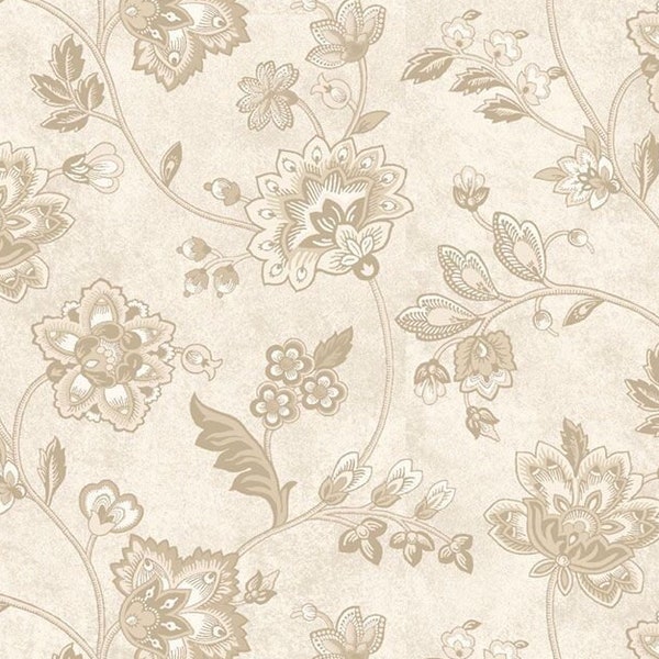 Puede incluir: Un patrón sin costuras con un diseño floral beige sobre un fondo crema. El patrón incluye intrincados motivos florales, hojas y enredaderas.