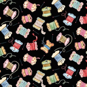 May include: A black background features a repeating pattern of colourful thread spools, ribbons, and sewing pins. The spools are in various colours, including pink, blue, green, and yellow, with labels that read "Ribbon", "Sew", "Silk", and "Paris".