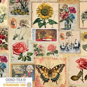 Puede incluir: Una tela estampada con un collage de sellos postales vintage con diseños florales y de mariposas. Los sellos son de varios tamaños y formas, con un fondo color crema. La tela incluye un girasol, una rosa y una mariposa.
