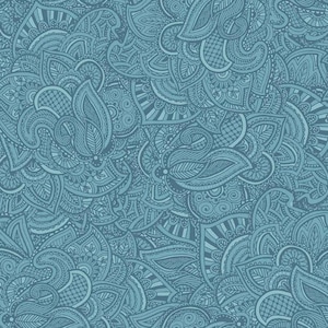 May include: A seamless pattern with intricate blue paisley designs. The pattern is made up of repeating motifs of paisley shapes, swirls, and dots. The background is a light blue color.
