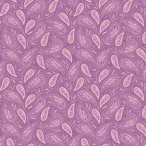 May include: A seamless pattern featuring a repeating design of pink paisley shapes on a purple background.