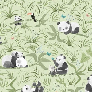 May include: A light green seamless pattern with watercolour illustrations of pandas, toucans, butterflies, and birds. The pandas are black and white, and the birds are orange. The background is filled with green foliage.