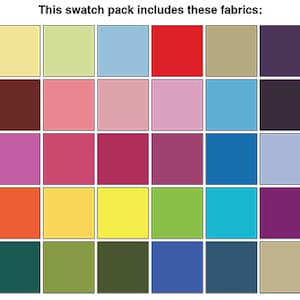 以下が含まれることがあります： ピンク、赤、青、緑、黄、紫など、さまざまな色の36種類の生地サンプルが入ったスウォッチパック。生地サンプルはグリッド状に配置されています。