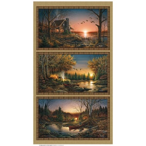 Puede incluir: Tres cuadros enmarcados que representan escenas de una cabaña en el bosque al atardecer. La pintura superior muestra una cabaña con un lago en el fondo. La pintura del medio muestra una fogata con personas sentadas alrededor. La pintura inferior muestra una canoa en un lago con una tienda de campaña en el fondo.