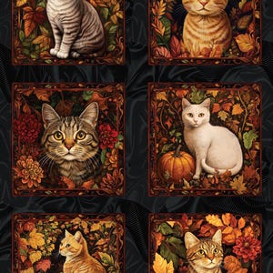Könnte beinhalten: Stoffpaneel mit sechs gerahmten Katzenporträts, umgeben von Herbstlaub und Blumen in Orange-, Rot- und Gelbtönen. Der Hintergrund ist ein dunkles, strukturiertes Muster mit dekorativen Bordüren.