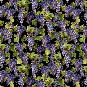 May include: A seamless pattern featuring clusters of purple grapes with green leaves on a black background. The grapes are arranged in a repeating pattern, creating a visually appealing design.