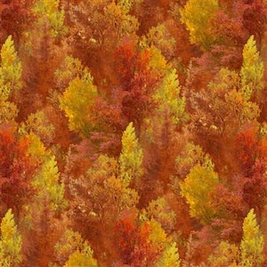 May include: A seamless pattern featuring a forest scene with trees in various shades of orange, yellow, and red. The trees are densely packed together, creating a sense of depth and texture.