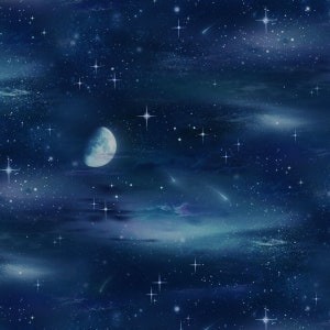 Könnte beinhalten: Ein dunkelblauer Nachthimmel mit einem Halbmond und vielen weißen Sternen. Der Himmel ist voller Wolken und ein paar Sternschnuppen.