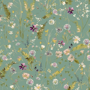 Könnte beinhalten: Ein nahtloses Muster mit verschiedenen Blumen und Farnen in den Farben Rosa, Lila, Weiß und Gelb auf einem blaugrünen Hintergrund.