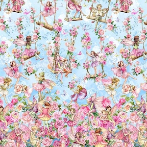 Puede incluir: Una ilustración caprichosa con hadas y rosas. Las hadas están vestidas con vestidos rosas y blancos y tienen alas. Están volando, columpiándose en columpios y sosteniendo rosas. El fondo es un cielo azul claro con notas musicales.