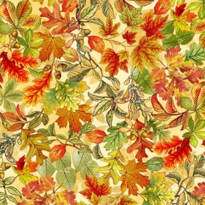 Puede incluir: Un patrón sin costuras que presenta una variedad de hojas de otoño en tonos de rojo, naranja, amarillo y verde. Las hojas están dispuestas en un patrón aleatorio sobre un fondo amarillo claro.