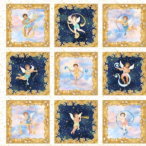 Pode incluir: Um painel de tecido com nove ilustrações emolduradas de querubins. Cada querubim é retratado com asas e segurando vários objetos como arcos, fitas e trombetas. As molduras são douradas e os fundos variam entre céus estrelados azuis e nuvens pastel.