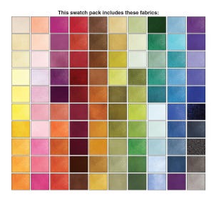 May include: A swatch pack of 100 fabric samples in a variety of colours, including beige, brown, green, blue, and purple. The text "This swatch pack includes these fabrics" is at the top of the image.