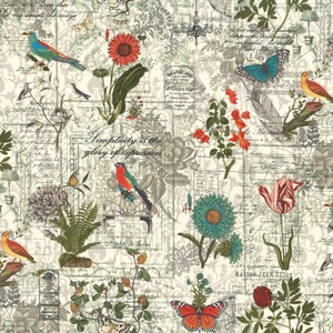 May include: A white background with a repeating pattern of flowers, butterflies, birds, and handwritten text. The text says "Simplicity is the glory of expression".