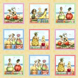 Könnte beinhalten: Neun bunte Quadrate, die jeweils eine Strandszene zeigen. Jedes Quadrat zeigt drei Frauen in Badeanzügen, die Früchte halten. Die Frauen sitzen auf einem Strandtuch mit einem Sonnenschirm hinter ihnen.