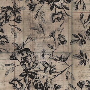 Könnte beinhalten: Schwarz-weißes Blumenmuster auf einem Vintage-Hintergrund mit handschriftlichem Text. Das Blumenmuster zeigt Rosen und Blätter.