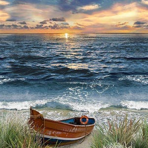 Puede incluir: Una serena escena de playa al atardecer. Un pequeño bote de madera descansa en la orilla arenosa, con un salvavidas visible. La palabra "Beach" está en un letrero de madera. Hierba alta y el océano completan la pintoresca vista.